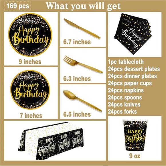 birthday plates and napkins party supplies - (Total 169pcs) balck gold birthday - Picture 2 of 6